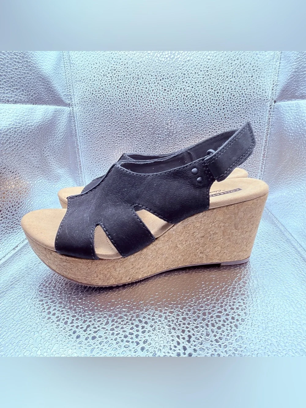 Clarks Black Suede Slingback Wedge Sandals